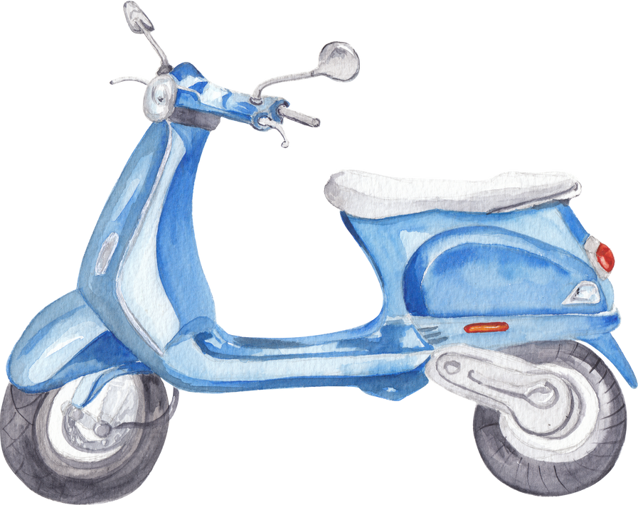 Italian blue scooter Watercolor hand painted illustration Transport design element