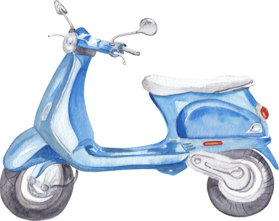 Italian blue scooter Watercolor hand painted illustration Transport design element