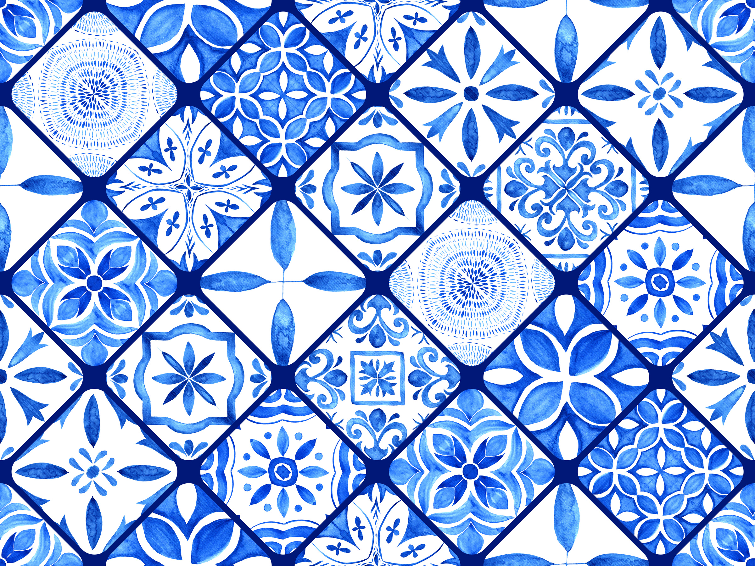Portuguese ornamental Azulejo ceramic. Blue and white watercolor.